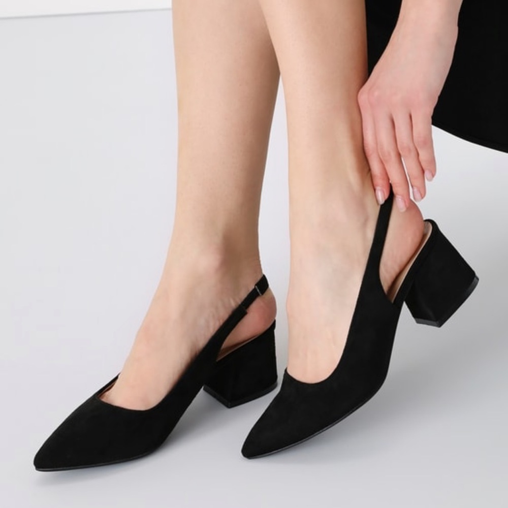 Black Suede Pointed-Toe Slingback Pumps Pauda